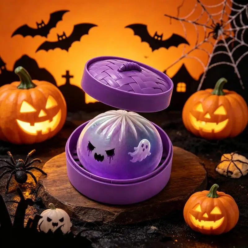 Halloween Dumpling Stress Toy, Cute Ghost Monster Bun Squeeze Fidget Toy With Mini Steamer Box