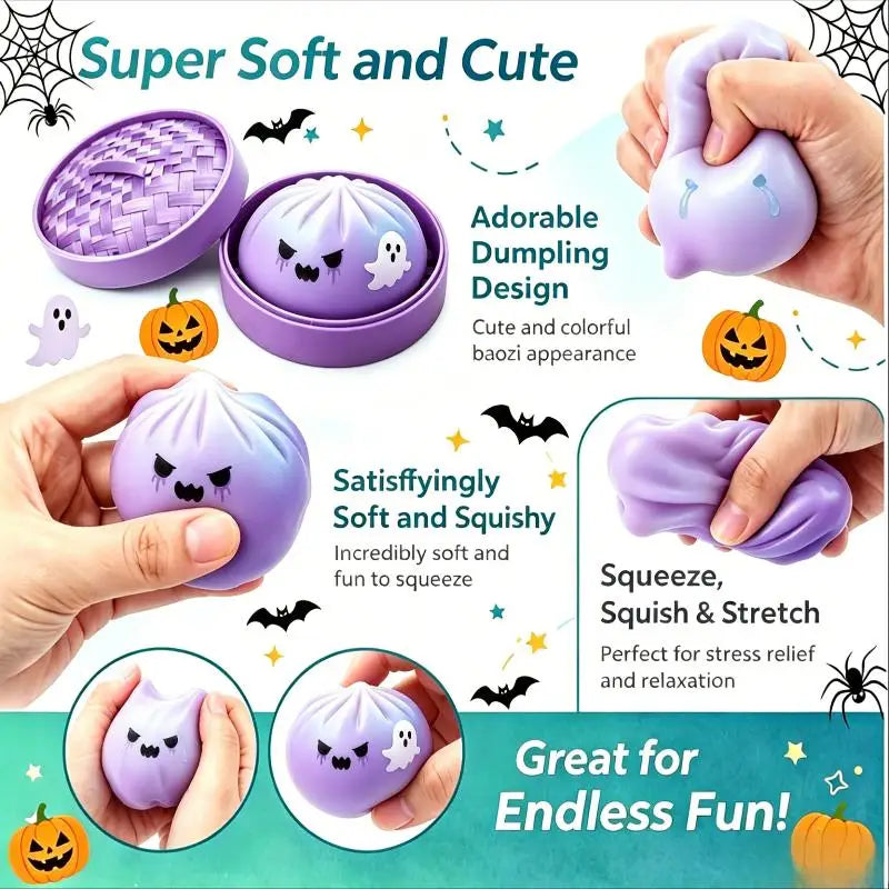 Halloween Dumpling Stress Toy, Cute Ghost Monster Bun Squeeze Fidget Toy With Mini Steamer Box
