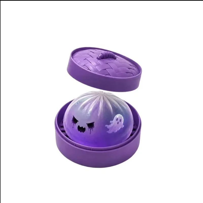 Halloween Dumpling Stress Toy, Cute Ghost Monster Bun Squeeze Fidget Toy With Mini Steamer Box