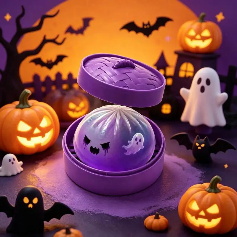 Halloween Dumpling Stress Toy, Cute Ghost Monster Bun Squeeze Fidget Toy With Mini Steamer Box