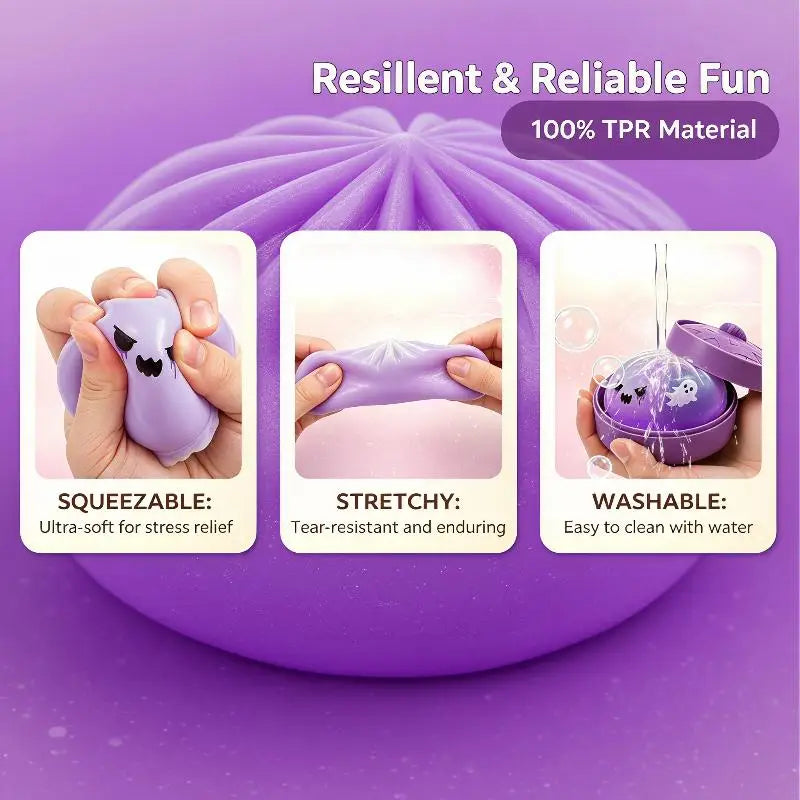 Halloween Dumpling Stress Toy, Cute Ghost Monster Bun Squeeze Fidget Toy With Mini Steamer Box