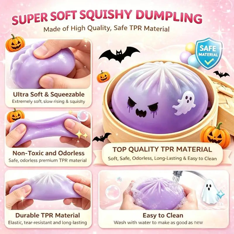 Halloween Dumpling Stress Toy, Cute Ghost Monster Bun Squeeze Fidget Toy With Mini Steamer Box