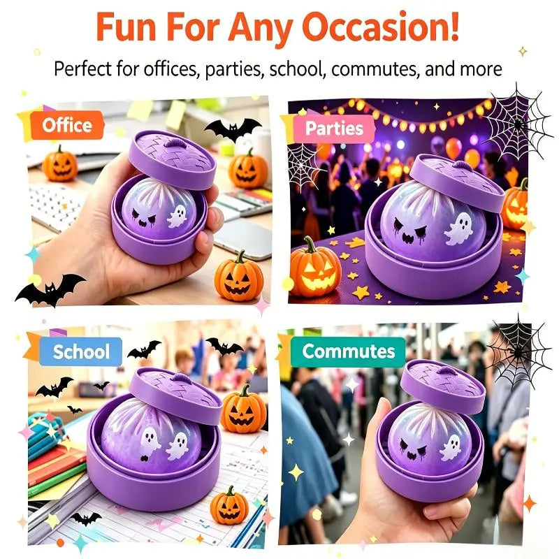 Halloween Dumpling Stress Toy, Cute Ghost Monster Bun Squeeze Fidget Toy With Mini Steamer Box