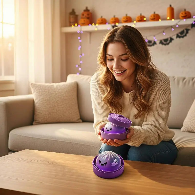 Halloween Dumpling Stress Toy, Cute Ghost Monster Bun Squeeze Fidget Toy With Mini Steamer Box