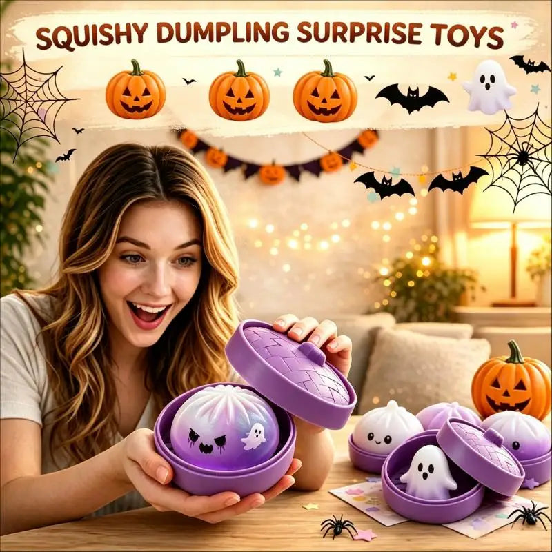 Halloween Dumpling Stress Toy, Cute Ghost Monster Bun Squeeze Fidget Toy With Mini Steamer Box